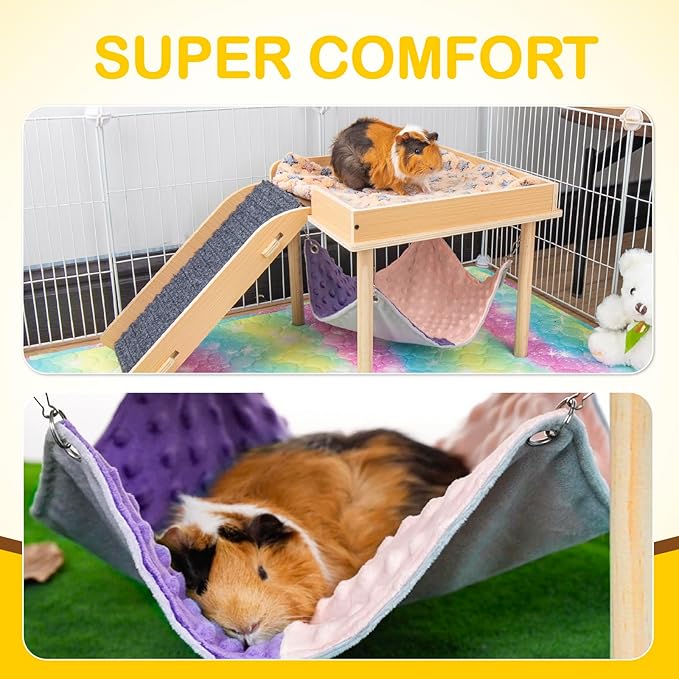 Enlarged Guinea Pig Hammock with Platform and Stairs,Wooden Small Animal Hideout for Guinea Pigs Bunny Ferret Hamster Hiding Sleeping Activities(Single)-PawvioPets