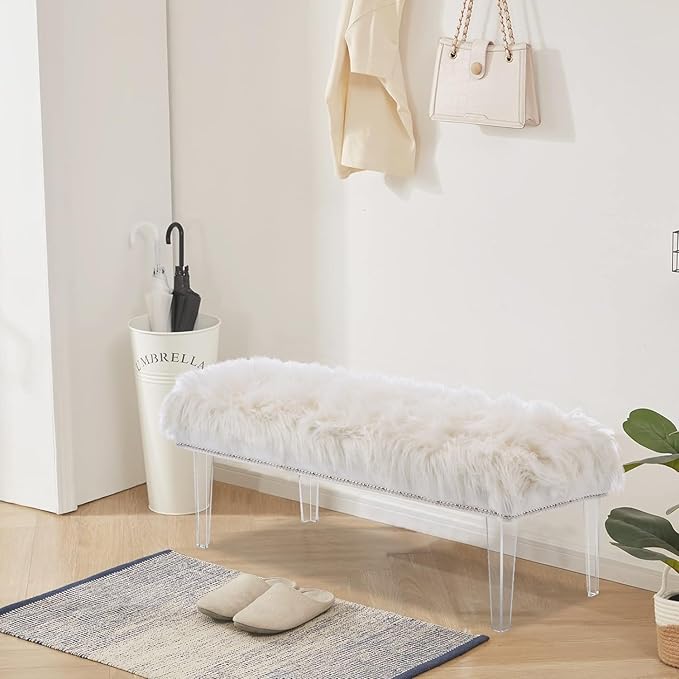 46 Inch White Bedroom Bench, Benches for Bedroom White Faux Fur Upholstered Bed end Bench, Tufting Ottoman Bench Indoor Bench with Acrylic Legs for Living Room Bedroom Entryway-PawvioPets
