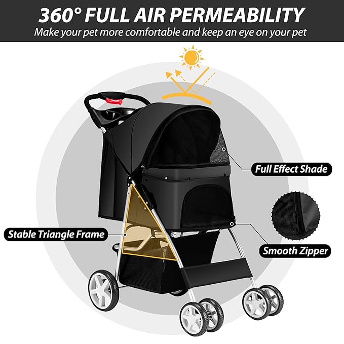 4 Wheels Pet Stroller for Small Medium Dogs Cats 10-33 lbs, Foldable Dog and Cat Stroller with Cup Holder & Storage Basket & Breathable Mesh, Pet Strolling Cart for All-Season, Black-PawvioPets