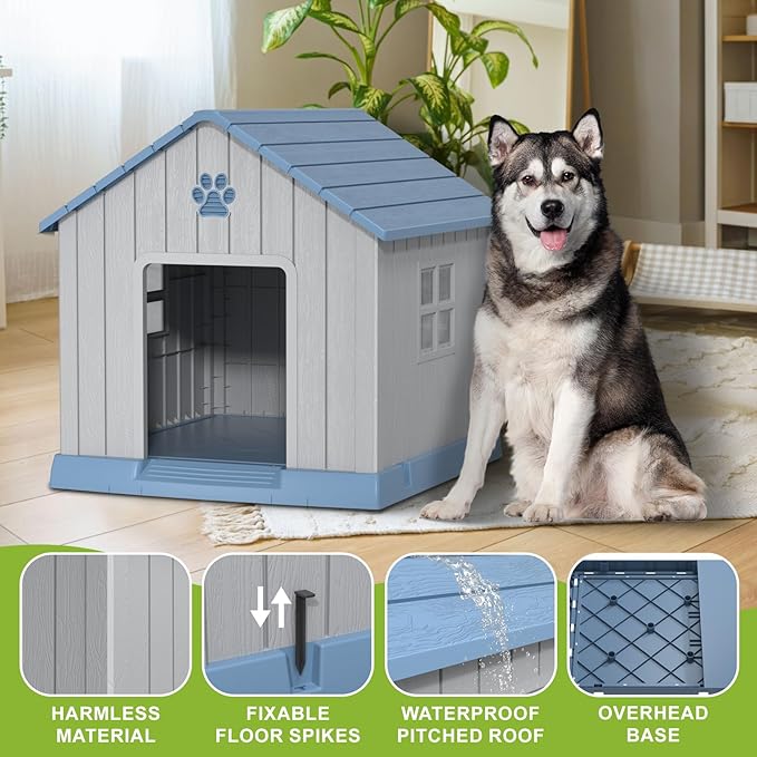 DRATO Dog House Indoor Outdoor for Small to Large Sized Dogs Indoor Outdoor Doghouse Puppy Shelter with Elevated Floor, Easy to Assemble (Blue, 31Inch(31.18 * 33.7 * 32.52))-PawvioPets