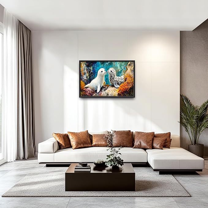 Extra Large Seal Framed Wall Art for Living Room,Oversized Underwater Animal Pictures Wall Decor,Ocean Coral Reef Canvas Print Painting Modern Artwork Bedroom Office Bathroom 36L" x 24W"-PawvioPets