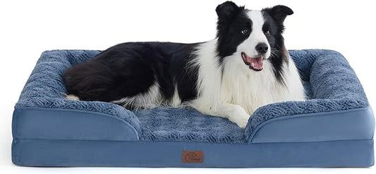 Bedsure Orthopedic Dog Beds Large Sized Dog - Washable Large Dog Cat Bed Waterproof, Comfort Dogs Couch Sofa with Washable Removable Cover, Pet Bed with Nonskid Bottom, Plush-Blue, 35"-PawvioPets