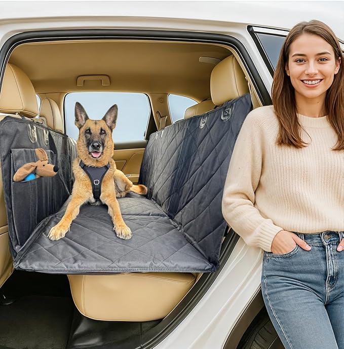 APetsPlanet Dog Car Seat Cover for Back Seat Hard Bottom - Waterproof Backseat Extender for Dogs - Pet Hammock for Car, Truck, SUV - Protector Bed with Mesh Window & Storage - Black, No Door Covers-PawvioPets