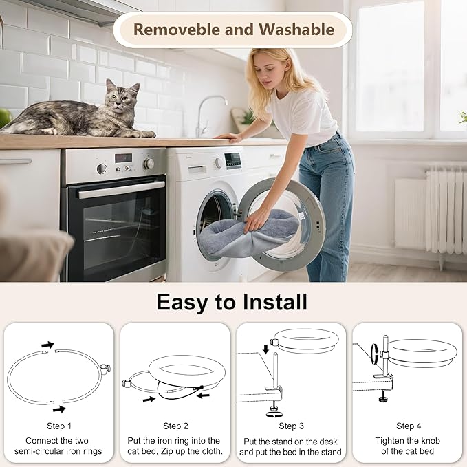 Cat Desk Bed with Summer Colling Mat, 360° Rotating & Height Adjustable Indoor Cat Nest, Large Desktop Cats Perch for Home Offcice Space Saving, Supports Up to 40 lbs, Machine Washable Removable Cover-PawvioPets