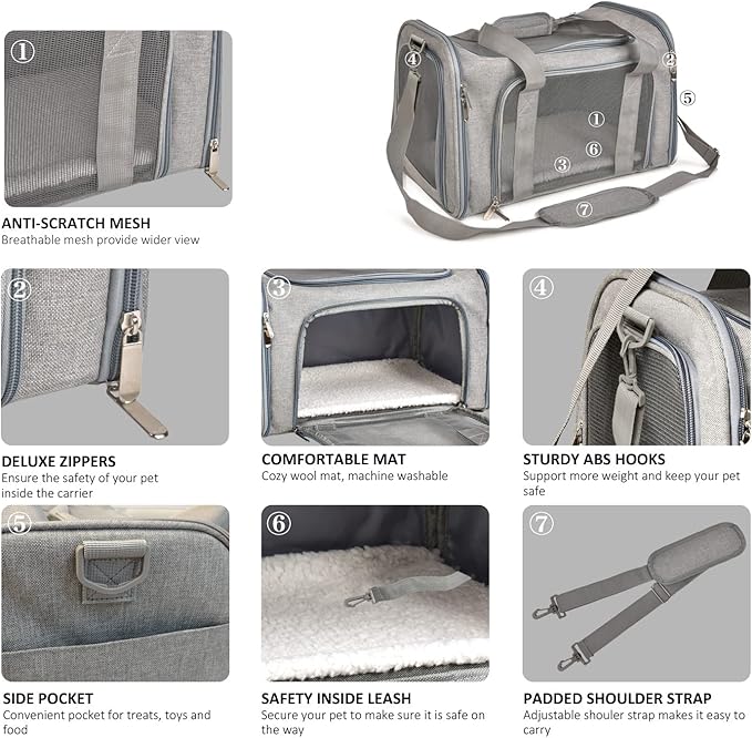 Cat Carriers Dog Carrier Pet Carrier For Small / Medium Cats Dogs Puppies (Up To 15lbs), TSA Airline Approved Small Dog Carrier Soft Sided, Collapsible Waterproof Travel Puppy Carrier - Grey-PawvioPets