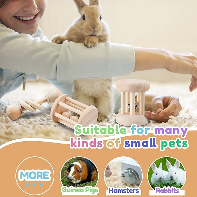 3 Pcs Wooden Bunny Toys - Safe Rabbit & Guinea Pigs Teeth Grinding Toys for Chinchillas, Hamsters & Small Animals - Indoor & Outdoor-PawvioPets