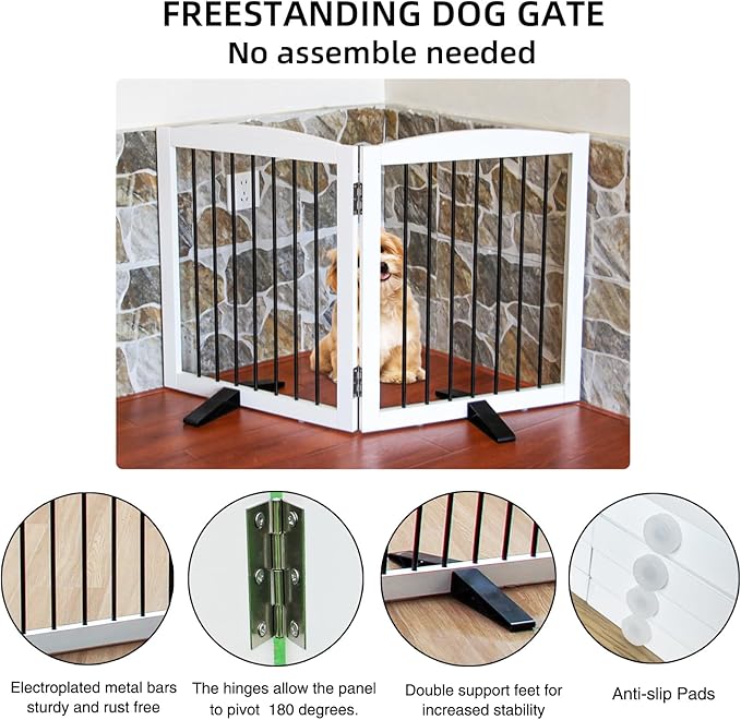 Freestanding Panel Dog Gate for Indoor, Doorways,Stairs, or Hallways,Foldable Wooden Dog Gates for House,Pet Gate for Dogs,Dog Fence, Puppy Gate,Support Feet Included,32 "Height-2 Panels,White-PawvioPets