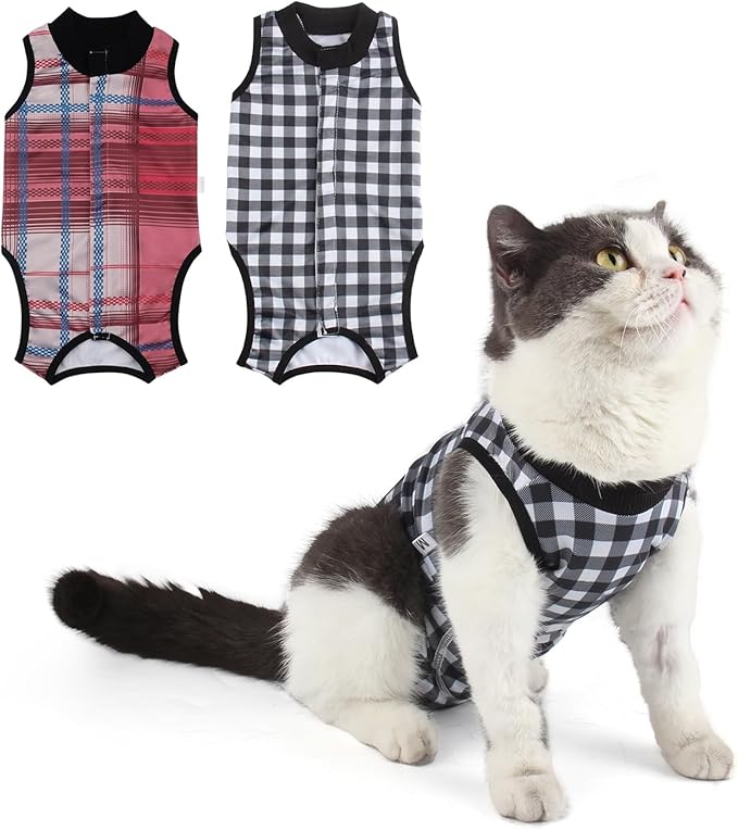 2 Packs Cat Surgery Recovery Suit Surgical Clothes Abdominal Wounds Anti-Licking Cat Bodysuit Onesie Substitute E-Collar& Cone-PawvioPets
