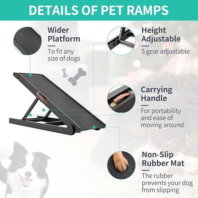 Dog Ramp, Adjustable Height Wooden Folding Pet Ramp for Bed, Couch,SUV-High Traction, Portable Paw Ramps for Small & Large Old Dogs & Cats - Furniture Quality-PawvioPets
