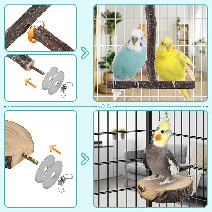 Bird Perches, 6 Pcs Natural Wood Parrot Perch Stand Chew Toys, Hanging Multi-Branch Parrot Perch Platform Swing Toy Cage Accessories for Small Parakeets, Budgies, Lovebirds, Canaries, Finches-PawvioPets