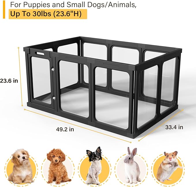 Acrylic Clear Dog Play Pen Indoor, Plastic Puppy Playpen with Door, Clear PlayPen for Dog Cat Rabbit Ferret, Easy Assemble Pen, Preferable Small Cage, 23.6" H, 10PCS, Black-PawvioPets
