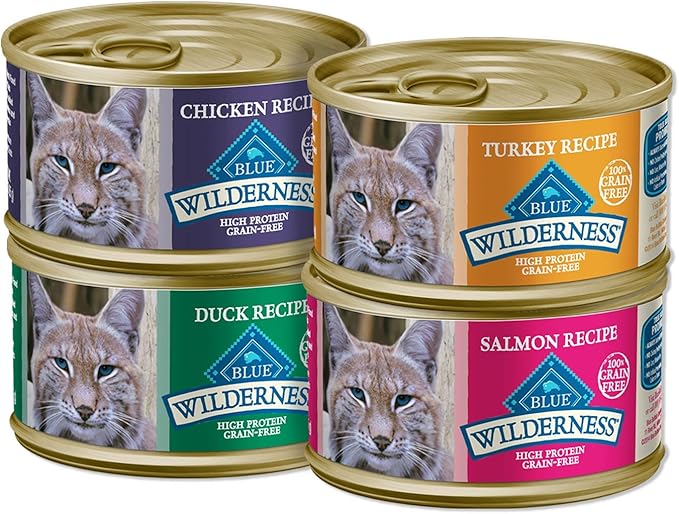 Blue Buffalo Wilderness High Protein Grain Free, Natural Adult Pate Wet Cat Food Variety Pack, Chicken, Salmon, Duck, and Turkey, 3-oz Can, 24 Count-PawvioPets