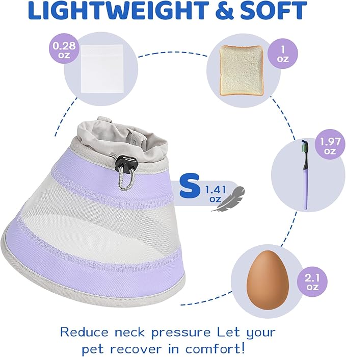 Breathable Air Mesh Cat Cone Collar Soft to Stop Licking, Adjustable, Foldable Lightweight Kitten Cones After Surgery Recovery for Cats & Kittens (Light Purple, S)-PawvioPets