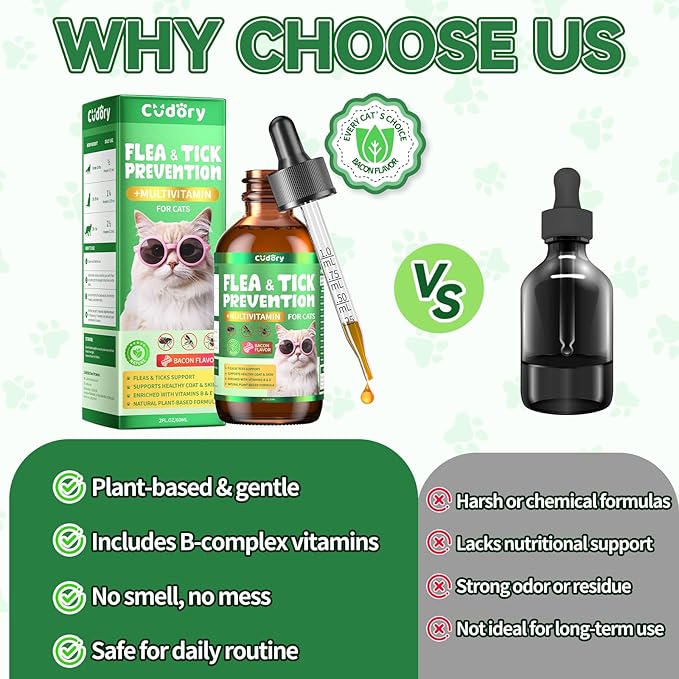 Flea & Tick Support for Cats – Natural Herbal Drops with Multivitamin – Fleas and Ticks Comfort Formula for Cat All Breeds & Ages – Bacon Flavor-PawvioPets