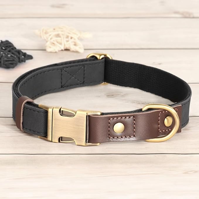 Didog Soft PU Leather Dog Collars for Medium Dogs,Classic Adjustable Dog Collars with Quick Release Metal Buckle,Easy Clean and Comfortable with Nylon Lining,Black,M Neck 13-19"-PawvioPets