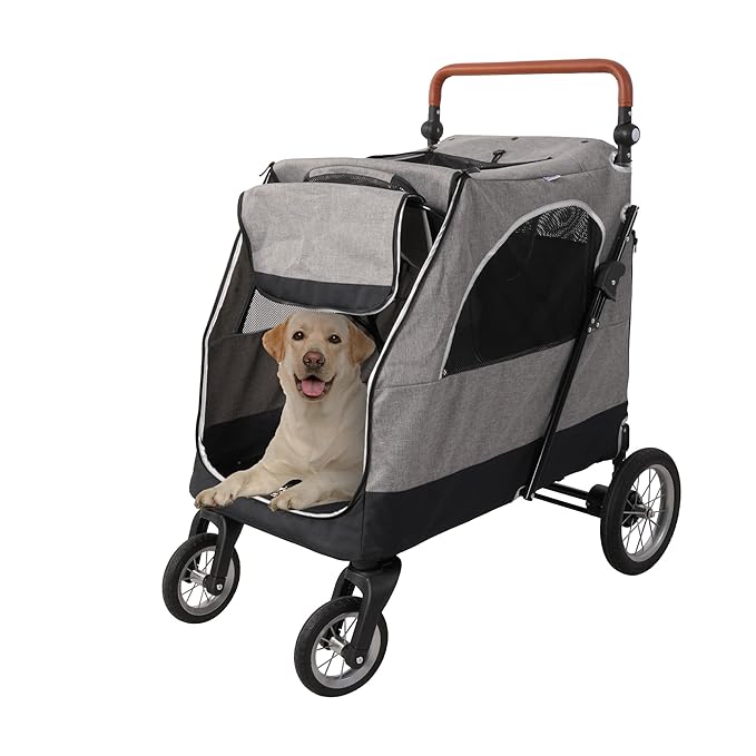 4 Wheel Pet Stroller with Storage Basket - Foldable & Breathable with Mesh Skylight, Large Dog Stroller with Adjustable Handle - Ideal for Travel and Walking with Medium to Large Dogs, Up to 120 lbs-PawvioPets
