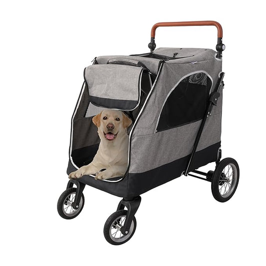 4 Wheel Pet Stroller with Storage Basket - Foldable & Breathable with Mesh Skylight, Large Dog Stroller with Adjustable Handle - Ideal for Travel and Walking with Medium to Large Dogs, Up to 120 lbs-PawvioPets