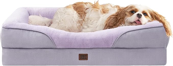 EHEYCIGA Memory Foam Dog Bed for Large Sized, Orthopedic Dog Sofa with Sides and Waterproof Liner, Washable Bolster Pet Couch with Removable Cover, 36x27x7 Inch, Purple-PawvioPets
