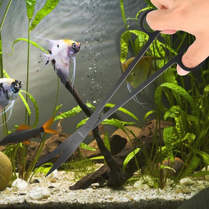 Aquarium Aquascaping Tool Stainless Steel Aquascape Tools Kit 4 in 1 Anti-Rust Fish Tank Starter Kit with Tweezers Scissors Spatula for Aquarium Plants (Black)-PawvioPets