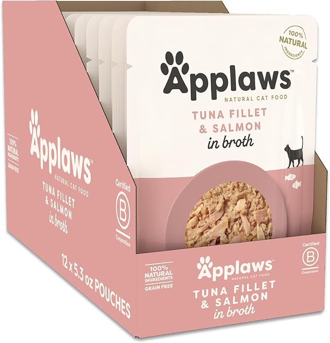 Applaws Natural Wet Cat Food in Broth, Limited Ingredient Wet Cat Food Pouches, No Additives, Made with Natural Ingredients, Tuna Fillet with Salmon in Broth (12 x 5.3oz Pouches)-PawvioPets