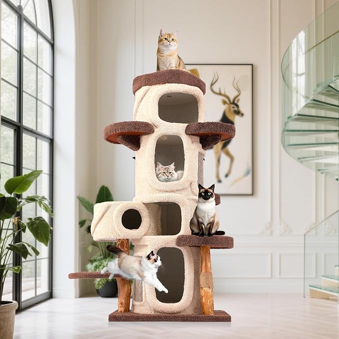 69.69'' Modern Cat Tree for Indoor Cats Large Adult, Luxury Cat Tower with Scratching Post, Multi Level Spacious Condo, Heavy Duty Kitty House, Sturdy Cat Activity Center for Large Cat-PawvioPets