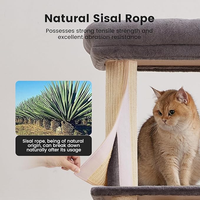 Gardner Pet 65in Heavy Duty Cat Tree Tower for Large Cats, Multi-Level Cat Furniture with Replaceable Sisal Scratching Post, Hammock | Extra-Large Platform & Condo (Upgraded Grey)-PawvioPets