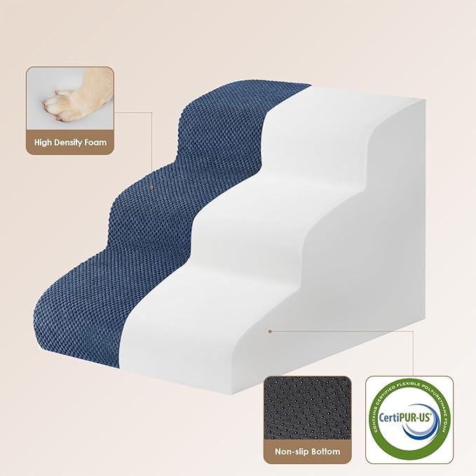 EHEYCIGA Curved Dog Stairs Ramp for Small Dogs 15.7" H, 3-Step Dog Steps for Couch Sofa and Chair, Pet Stairs for Cats, Non-Slip Balanced Pet Steps Indoor, Navy-PawvioPets