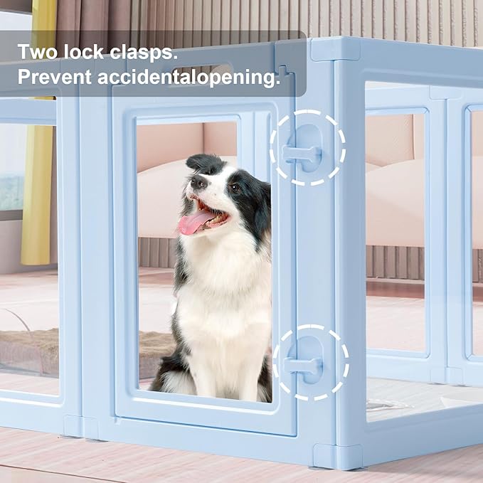 DIY Clear Acrylic Dog Playpen House,Quick Easy Assembly and Disassembly,Strong Floor Suction,Indoor and Outdoor Use,Easy Cleansing Puppy Fence (Sky Blue, 23.6" H, 10PCS)-PawvioPets