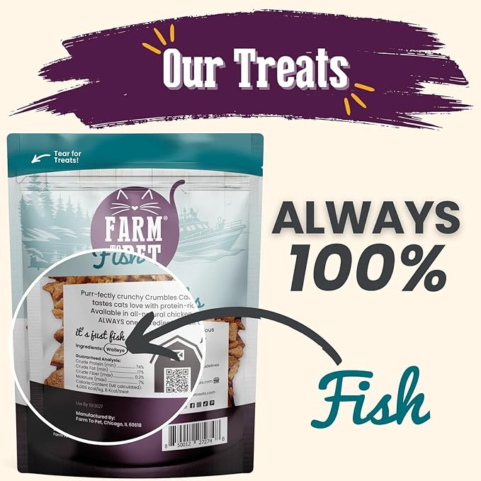 Farm To Pet - Cat Treat Crumbles - 3 oz Single Ingredient Fish Treat and Snacks - Healthy for Indoor Cats and Kitten - Essential Products (Mix with Wet/Dry Food)-PawvioPets