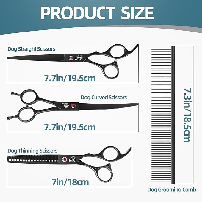 7.0" Professional Dog Grooming Scissors Kit – 3-Piece Set with Straight, Curved & Thinning Shears, Black Japanese Stainless Steel, Includes Grooming Comb for Dogs & Cats-PawvioPets