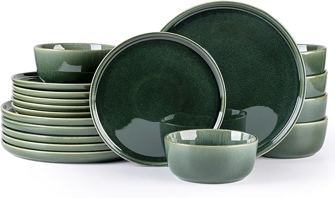 GBHOME Ceramic Dinnerware Sets for 6, 18 Pieces Stoneware Plates and Bowls Sets, Reactive Glaze Dishes -Scratch Resistant, Dishwasher&Microwave Safe, Earth Green-PawvioPets