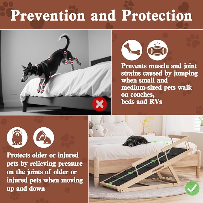 Dog Ramp for High Bed, Couch, Car, Pet Ramps 55.12" Long Adjustable 19.7"-27.6" Wooden Dog Step with High Traction Mat & Safety Side Rails for Small Medium Large Older Pets, up to 250 lbs-PawvioPets