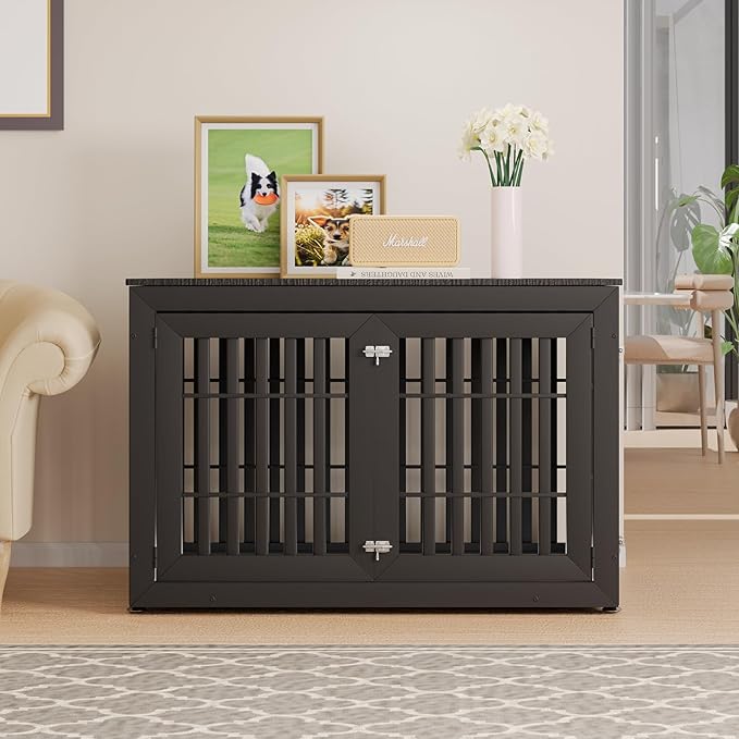 48" Heavy Duty Dog Crate Furniture for Small,Medium and Large Dogs,Rustic Wooden Dog Cage Kennel Indoor Furniture with Waterproof Top,Decorative Pet House Side End Table (Black)-PawvioPets