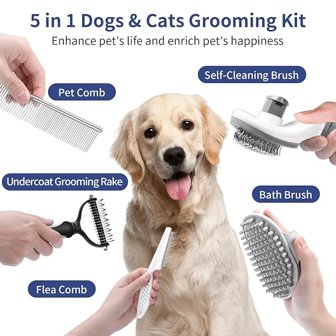 5 in 1 Dog Grooming Kit - Self-Cleaning Slicker Brush for Shedding Short Long Haired Dogs & Cats, Includes Pet Comb, Flea Comb, Bath Brush, Undercoat Rake - Complete Fur Care Set - Gray-PawvioPets