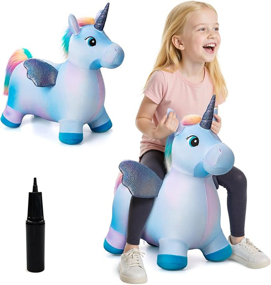 EVERICH TOY Unicorn Bouncy Horses Inflatable Plush Hopping Toy Bouncing Hopper Animals for Toddlers,Outdoor&Indoor Bouncy Animals for Toddlers,Gift for 18 Months 2 3 4 Year Old (W/Pump)-PawvioPets