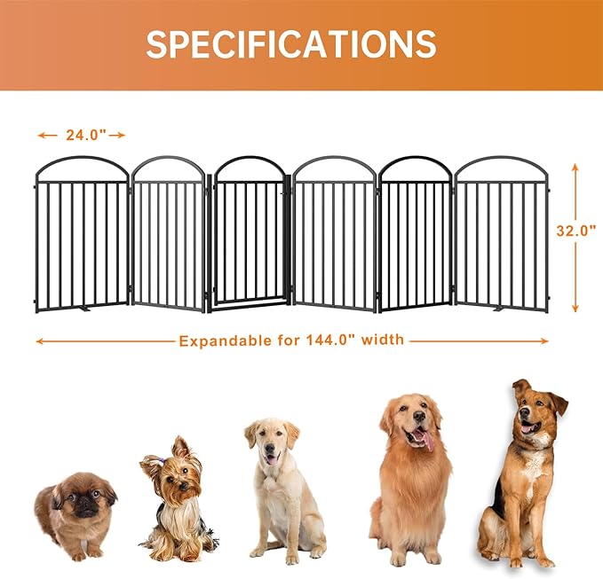 6 Panles Full Matel Freestanding Dog Gates with Door, 144"Extra Wide 32"Tall Free Standing Dog Pet Gate for Indoor & Outdoor. Foldable Pet Fences for Doorways, House, Stairs, Porch, Deck, Yard-PawvioPets