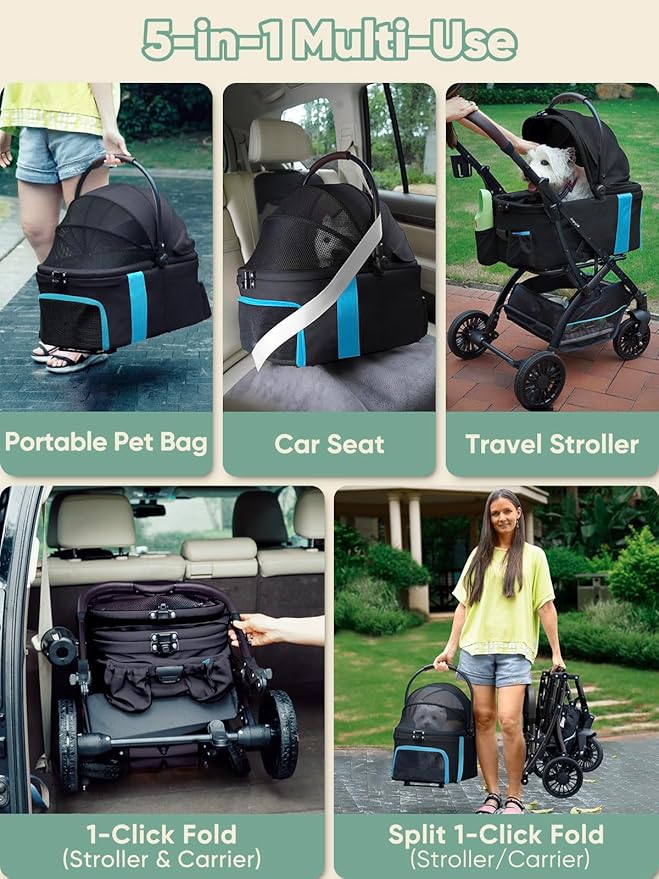 Dog Stroller, Cat Strollers, 5-in-1 Pet Stroller with Detachable Waterproof Carrier for Small/Medium Dogs Cats up to 55lbs, All-in-One Fold Without Detaching Carrier for Dogs Cats 10 lbs to 55 lbs-PawvioPets