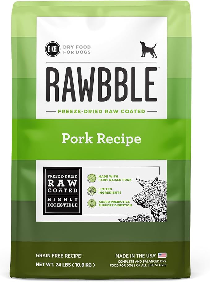 BIXBI Rawbble Dry Dog Food, Pork, 24 lbs - USA Made with Fresh Meat - No Meat Meal & No Corn, Soy or Wheat - Freeze Dried Raw Coated Dog Food - Minimally Processed for Superior Digestibility-PawvioPets