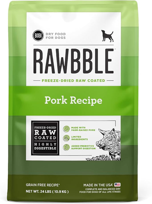 BIXBI Rawbble Dry Dog Food, Pork, 24 lbs - USA Made with Fresh Meat - No Meat Meal & No Corn, Soy or Wheat - Freeze Dried Raw Coated Dog Food - Minimally Processed for Superior Digestibility-PawvioPets