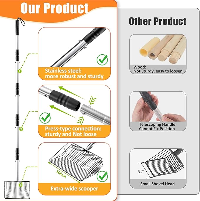 Esmorah 10 Inch Large Metal Chicken Poop Scooper for Sand & Coop Cleaning - Long Sifting Shovel with 24"-68" Adjustable Handle, 5 Lengths Heavy Duty Stainless Steel-PawvioPets