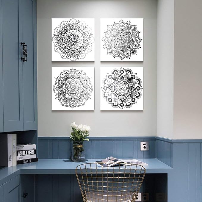 Black and white art Decorative pattern Canvas Wall Art for Living Room Bedroom wall decor Bathroom decorations,4 piece Modern Home decoration inspirational wall paintings Posters Pictures artwork-PawvioPets