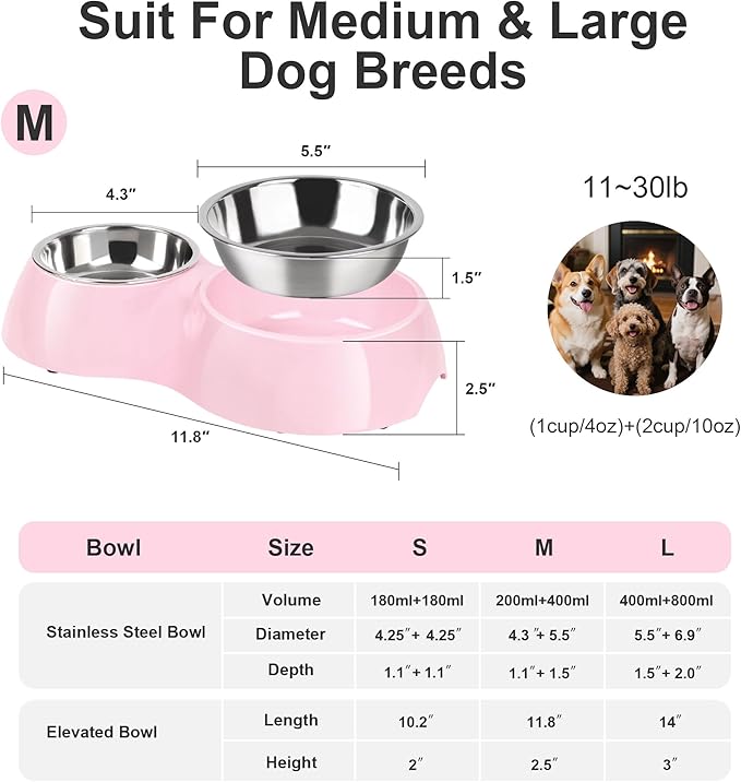 Double Dog Bowls Set – Non-Slip Pet Food & Water Dishes with Resin Stand, Includes Small (1 Cup) & Medium (2 Cups) Bowls – Ideal for Puppies, Cats, and Medium Dogs – Pink-PawvioPets