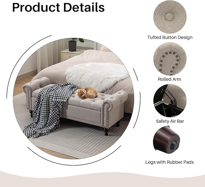 58.1'' Storage Bench Upholstered Linen End of Bedroom Bed Bench Ottoman with Tufted Cushioned Rolled Arm Large Storage Space for Reading Living Room Entryway, Light Brown-PawvioPets