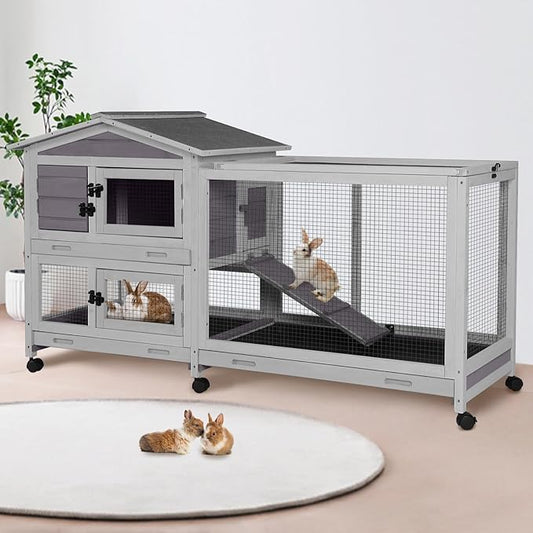 62" Rabbit Hutch with Chew-Proof Ramp & Waterproof Roof - Indoor/Outdoor Bunny Cage, 2-Story Design, 6 Lockable Caster Wheels & Dual Pull-Out Trays (Grey)-PawvioPets