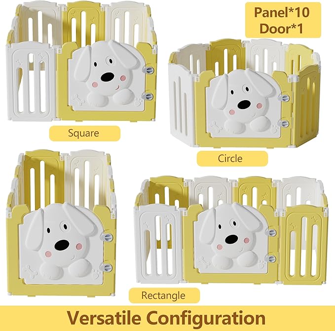 Foldable Dog Play Pen Indoors, Non-Slip Sturdy Puppy Playpen with Door, 25.5" H 10-Panel Adjustable Shape Dog Fence Pen for Small/Medium Dogs, Thickened, Easy to Store, White+Yellow-PawvioPets