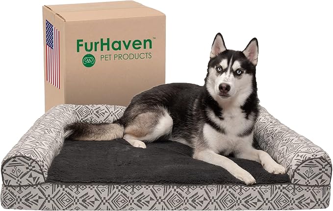 Furhaven Orthopedic Dog Bed for Large Dogs w/ Removable Bolsters & Washable Cover, For Dogs Up to 95 lbs - Plush & Southwest Kilim Woven Decor Sofa - Boulder Gray, Jumbo/XL-PawvioPets