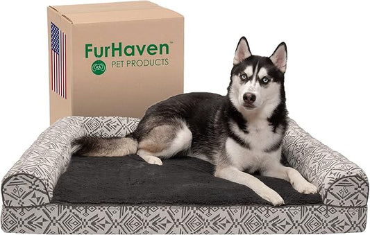 Furhaven Orthopedic Dog Bed for Large Dogs w/ Removable Bolsters & Washable Cover, For Dogs Up to 95 lbs - Plush & Southwest Kilim Woven Decor Sofa - Boulder Gray, Jumbo/XL-PawvioPets