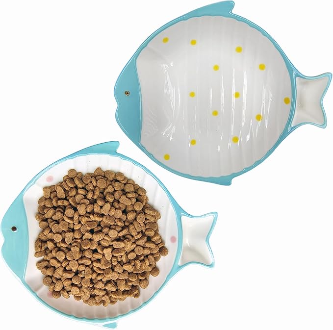 Double Whisker Friendly Ceramic Cat Food Dishes, Cute Shallow Anti Whisker Fatigue Wide Cat Bowl for Indoor Cats, Whisker Relief Flat Cat Plates for Wet Food, Small Pet Kitten Feeding Dish-PawvioPets