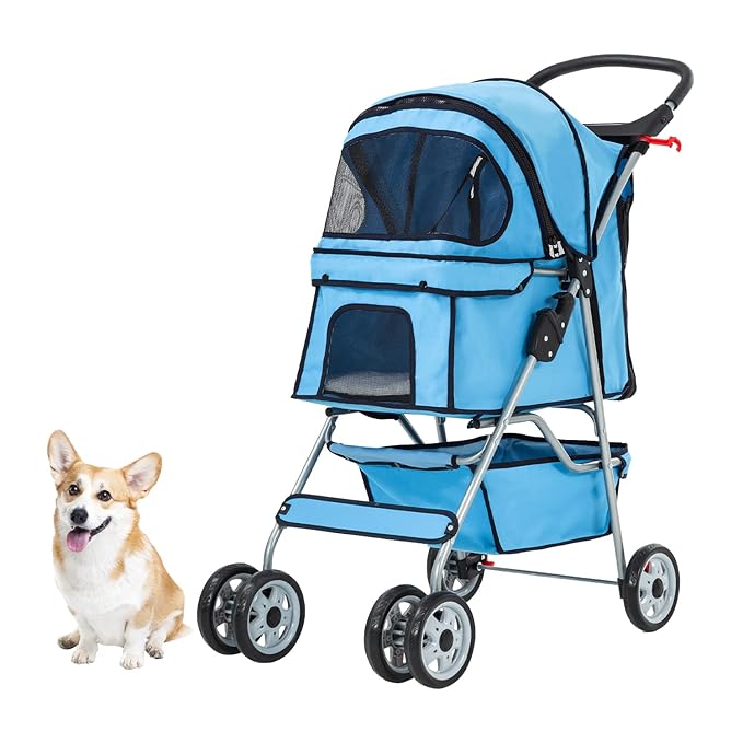 Dog Stroller, Folding 4 Wheels Pet Stroller for Small Medium Dog Cat Travel Carrier with Weather Cover Storage Basket Cup Holders Blue-PawvioPets