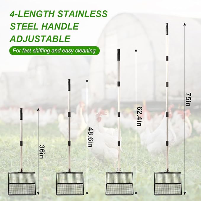 10inch Large Metal Chicken Poop Scooper, 36" to 75" Long Chicken Coop Litter Scoop with Stainless Steel Adjustable Handle, 4 in 1 Detachable Litter Sifting Shovel Scoop for Chicken Coop Accessories-PawvioPets